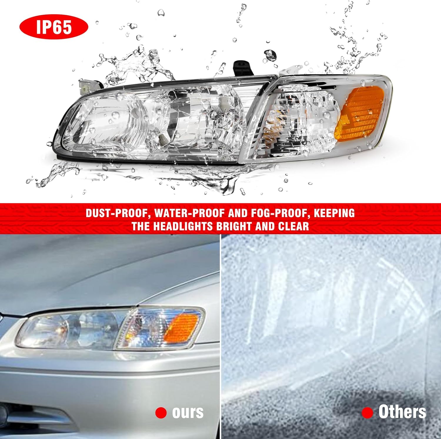 Headlights Assembly Compatible with 2000 2001 Toyota Camry 00 01 Camry Headlamp with Chrome Housing Amber Reflector Driver and Passenger Side（W/O Bulbs）
