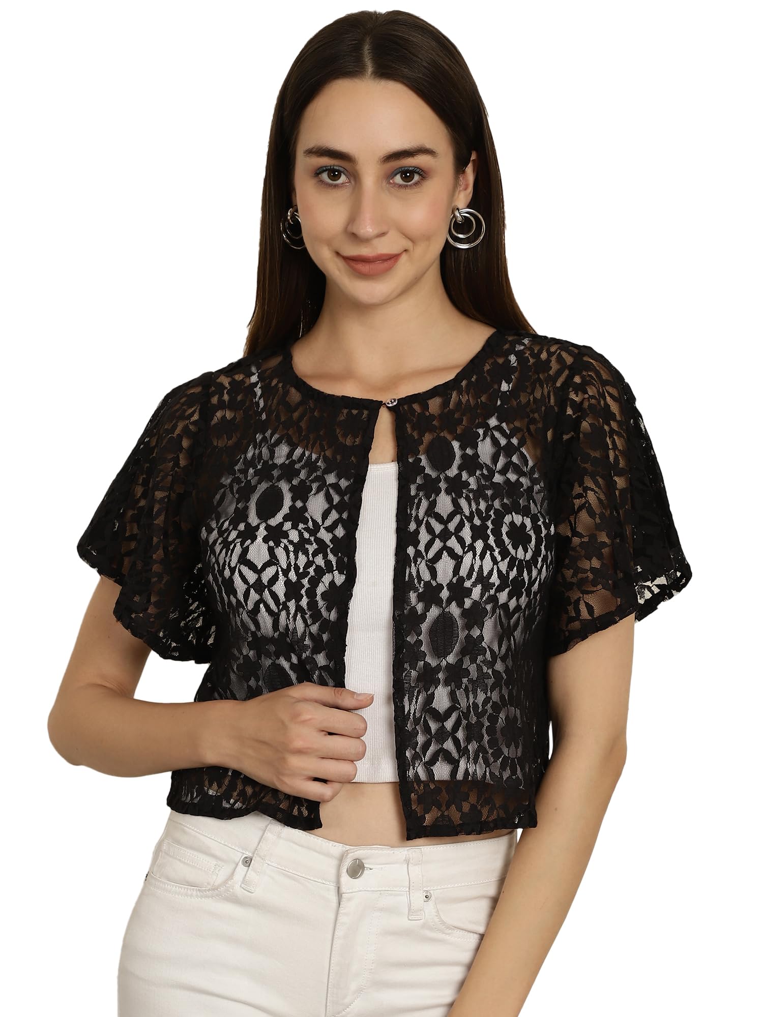 fineme Women Stylish Front Open | Cotton Self Designed Flared Sleeves Lace Shrug 6XL Black-picture-27