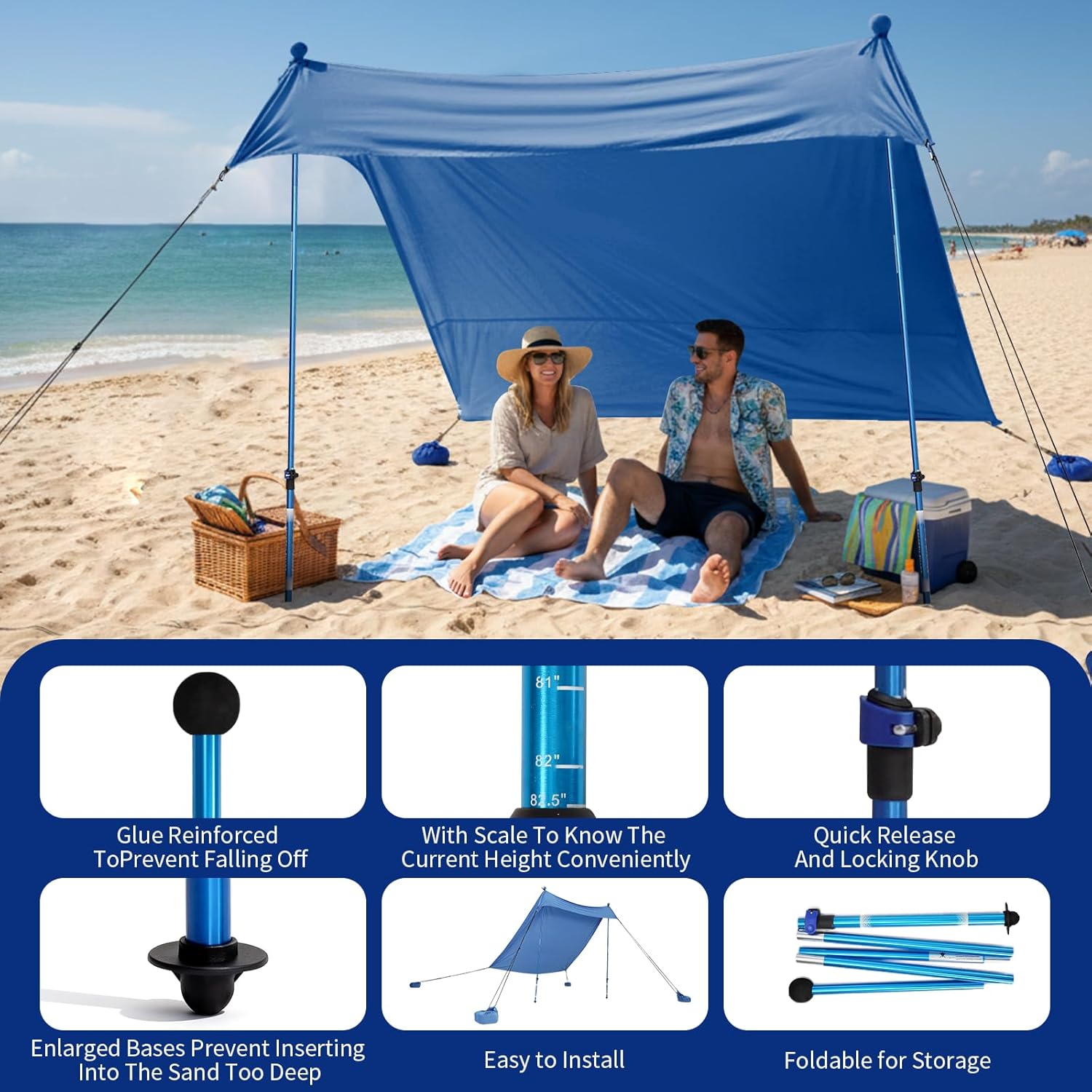 CROWN SHADES 7x7 Beach Tent Sun Shelter, Easy Pop Up Beach Canopy Shade, Portable Outdoor Carpas UPF50+, Includes 2 Poles Adjustable Aluminium, Extra-Large Big Sand Shovel, Blue