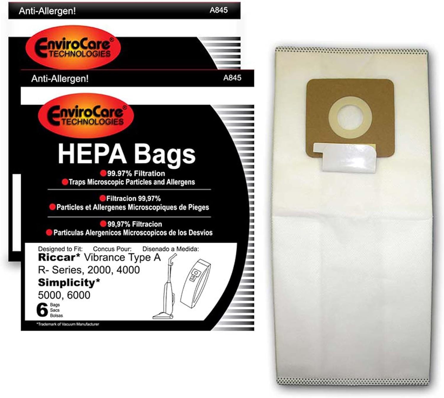 EnviroCare Replacement HEPA Filtration Vacuum Cleaner Dust Bags for Riccar 2000, 4000 and Vibrance Series. Simplicity 5000, 6000 and Symmetry Type A 12 pack