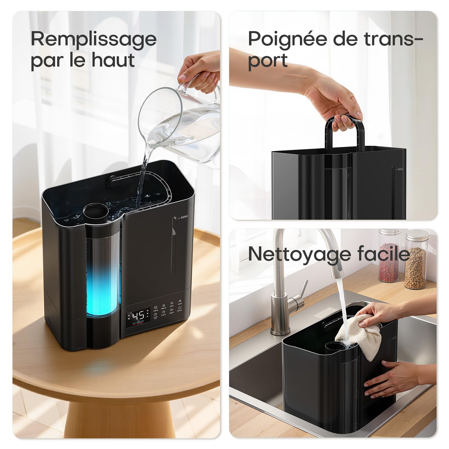AROEVE 8L Humidificateur d'Air Chambre, Nebbia Chaude & Froide Grande Pièce, Remplissage Supérieur, Diffuseur Arômes, Capteur Humidité, 60H/25dB Silencieux pour Bébé Enfants Plantes