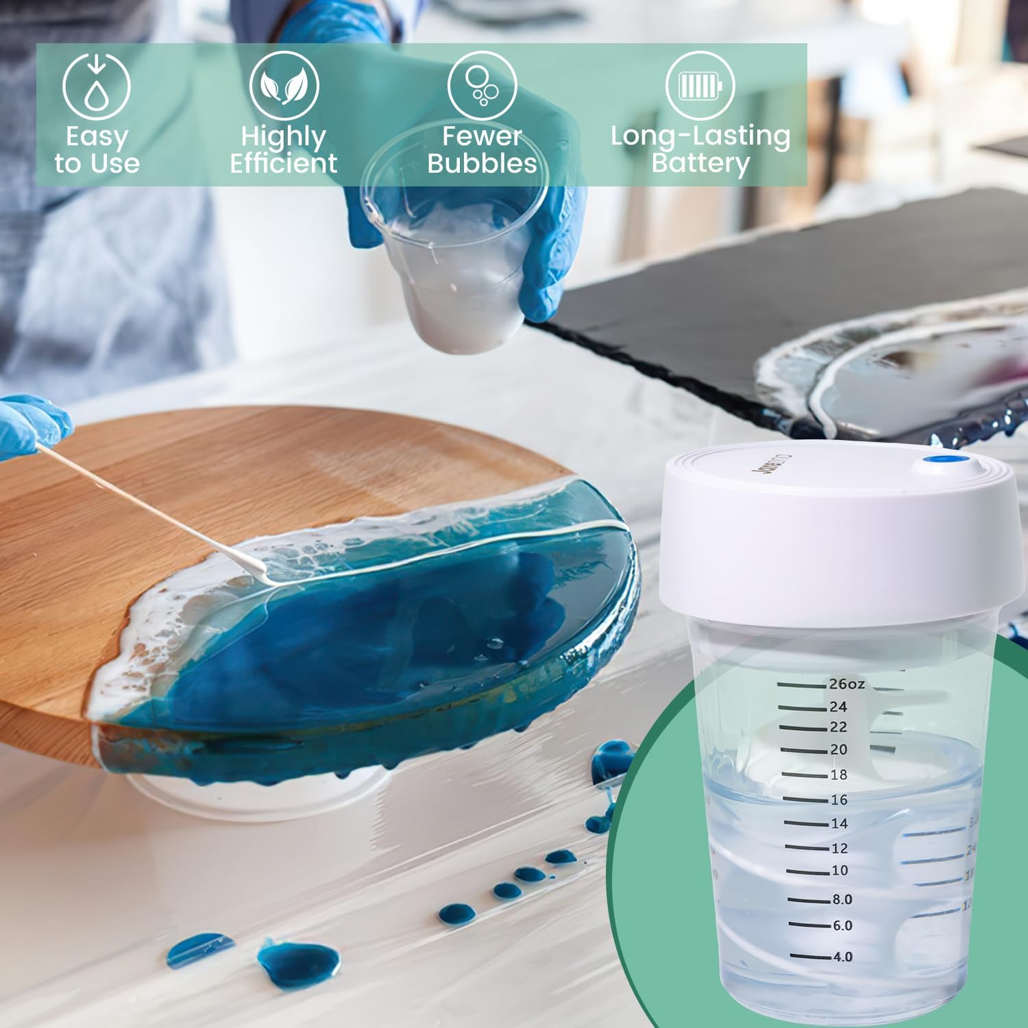 Auto Resin Mixer,High Efficiency, Minimum Bubble,Hands-Free Easy Clean Epoxy Mixer, Long Battery Life Rechargeable Electric Stirrer for Silicone Molds, Resin Molds and DIY Crafts with Measuring Cups