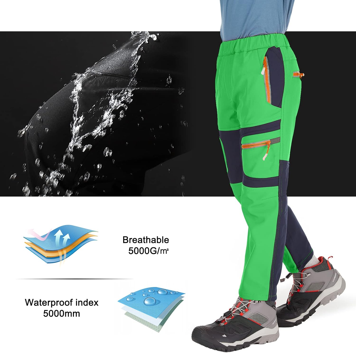 linlon Kids Boy's Snow Waterproof Pants Youth Fleece Lind Hiking Softshell Warm Insulated Trousers - Image 7