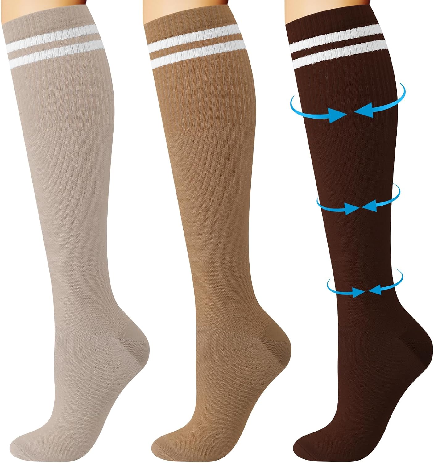 Shihanee 3 Pairs Striped Compression Socks for Men Women 15-25mmHg Circulation Knee High Athletic Socks for Support Nurse