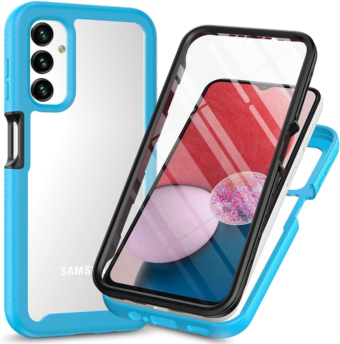 Samsung Galaxy A14 4G / 5G Case with Built-in Screen Protector, 360 Full Body Protective Cover Heavy Duty Anti-Scratch Shockproof Slim Silicone Bumper Clear Phone Case for Samsung A14 6.6" Light Blue