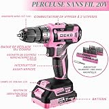 DEKO Complete Electric Tool Box 186 Pieces Pink with 20V Cordless Electric Drill, 10 mm Chuck without Key, Professional DIY Household Tool Box for Offices and Gardens - 3