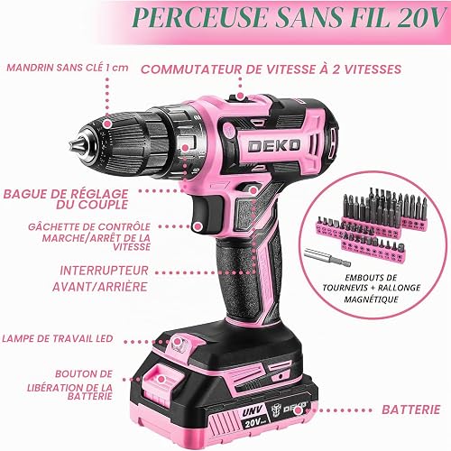 DEKO Complete Electric Tool Box 186 Pieces Pink with 20V Cordless Electric Drill, 10 mm Chuck without Key, Professional DIY Household Tool Box for Offices and Gardens - 3