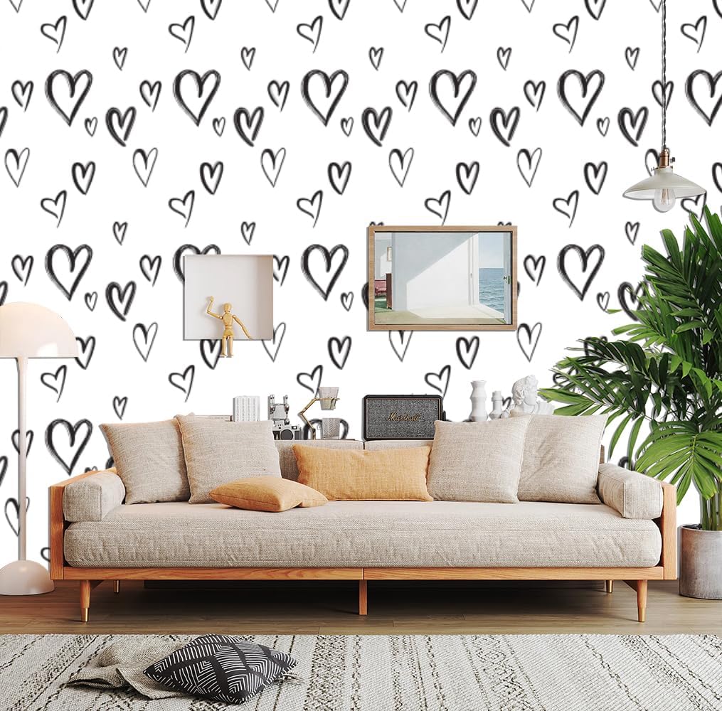 Peel and Stick Wallpaper, Black Hearts Pattern,Wallpaper Self Adhesive Wall Paper Waterproof and Oil-Proof Paper Home Decoration 17.3 "x 236"(44 cm x 6 m)