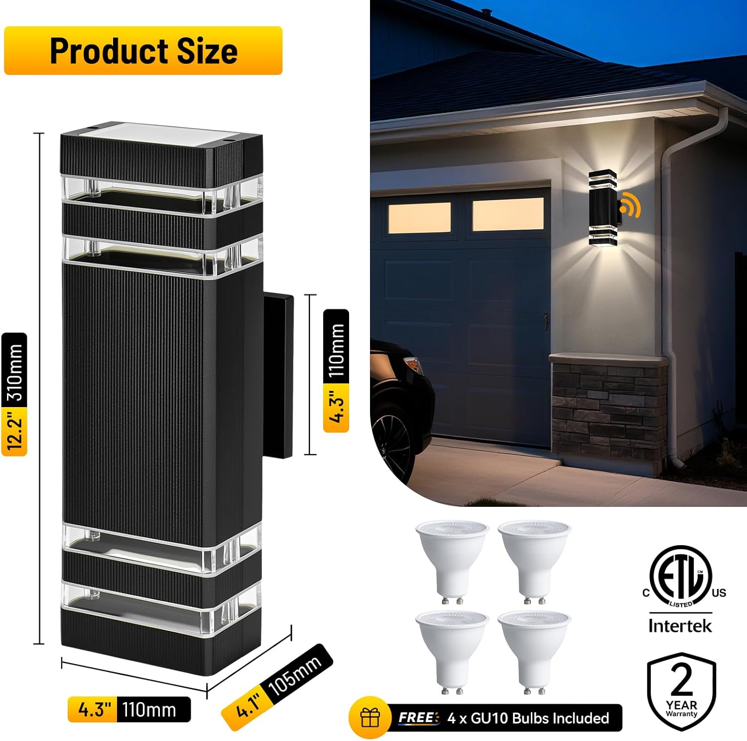 Outdoor Wall Lights 2-Pack – Modern Patio Wall Light Fixture, Dusk to Dawn Outside Lights for House, Up & Down Outdoor Sconce, Waterproof Outdoor Light Fixtures, Front Porch, Garage Lights