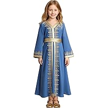 Girls Muslim Ramadan Abaya Kids Long Sleeve V Neck Lace Prayer Dress Middle East Arabic Kaftan Dress with Belt