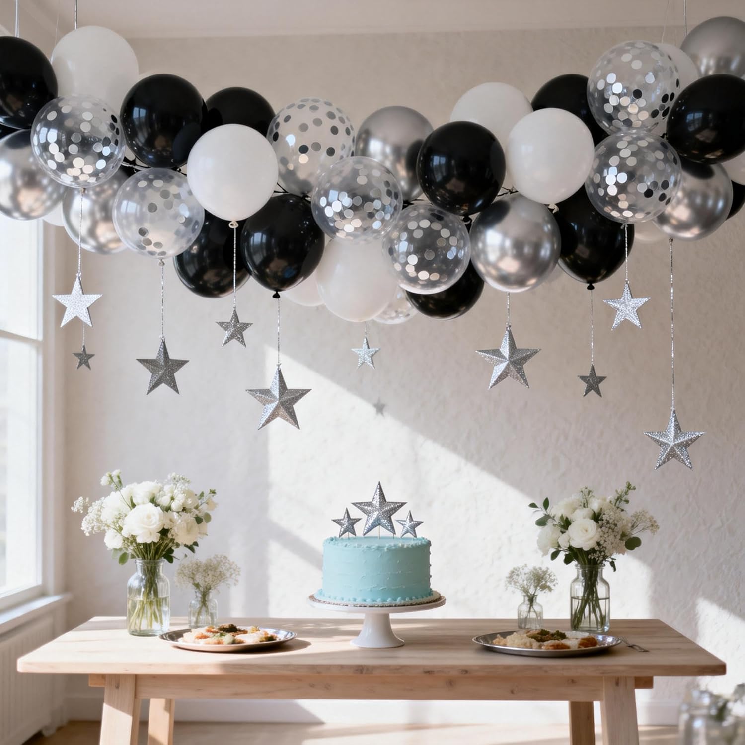 Black and Silver Balloons - 60pcs 12" Black and White Balloons with Metallic Silver Confetti Balloons Birthday New Years Wedding Graduation Party Decorations - Image 5