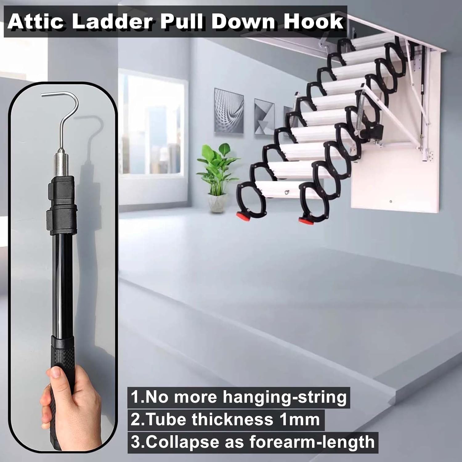 Extendable Attic Pull Down Hook, Ladder Door Stairs Puller System Kit Rod Pole, Replacement for Ropes Cord String with Stainless Steel Ring Handle