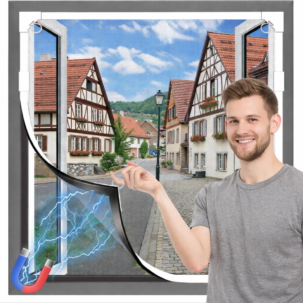 Fliegengitter für Fenster, magnetisch, geeignet für Maße unter 100 x 100 cm, weißer Rahmen und graues Netz, magnetisches Moskitonetz, zuschneidbar, einfach zu installieren ohne Werkzeug