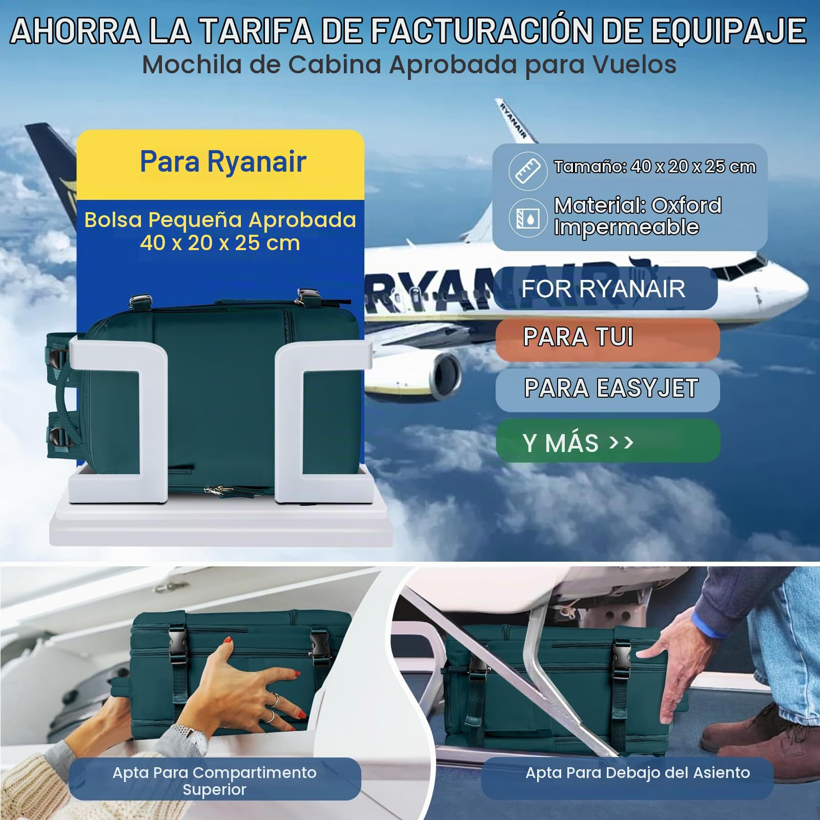 SZLX Mochila Viaje Cabina Avion 40x20x25 Mujer Ryanair Equipaje de mano 40x20x25 Ryanair Bolsa de Viaje Maletas de Viaje Cabina Avion Mochila Ordenador Portatil 14 Pulgadas Hombre 20L,Azul pavo real