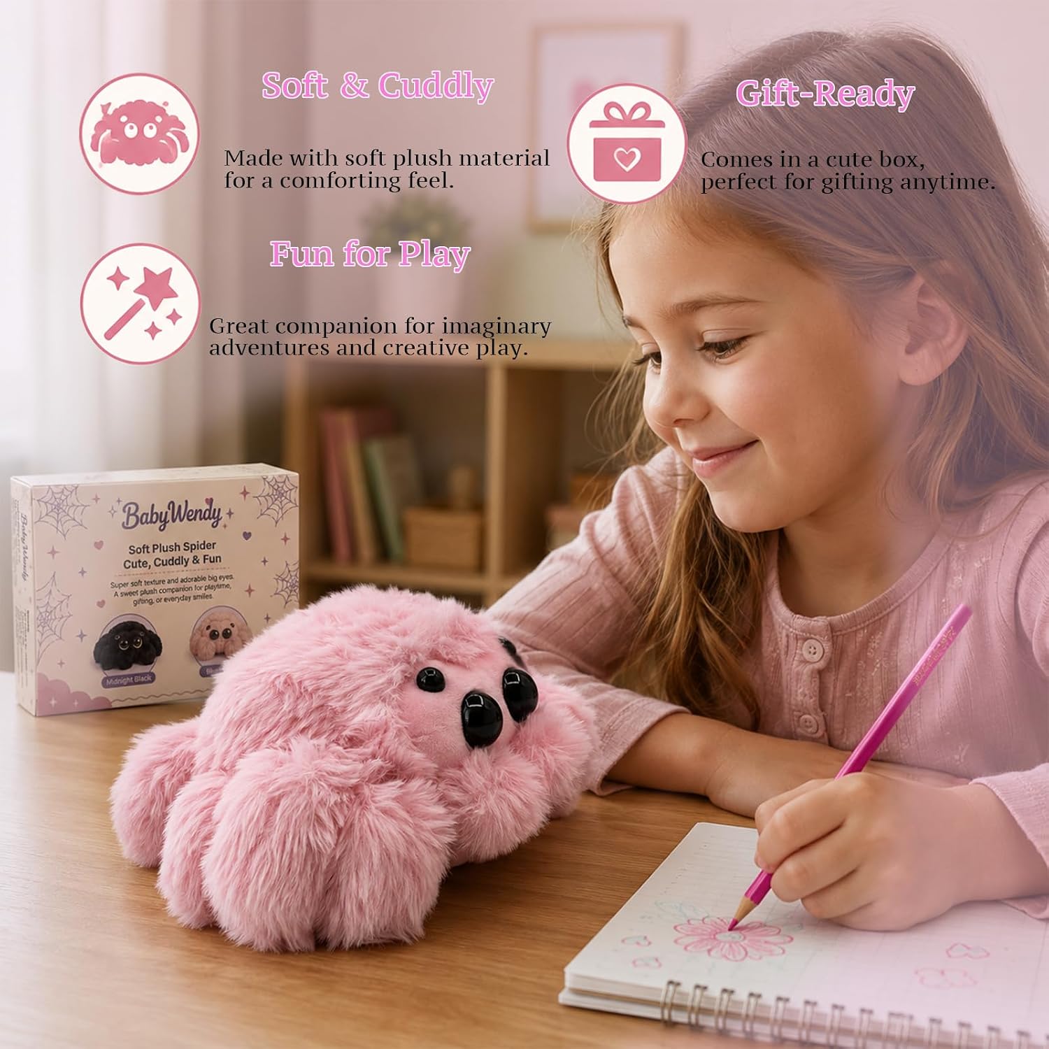 Pink Spider Plush Toy, 8.66 Inch Cute Stuffed Spider Animal with Gift Box and Pink Pencil, Halloween Birthday Gift, Desk Bed Room Décor image 4