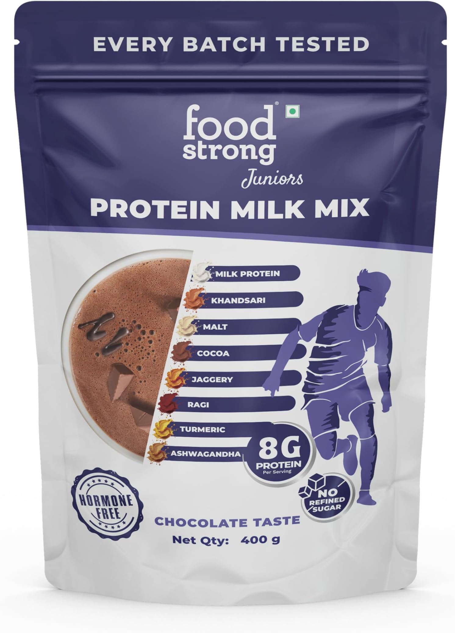 Foodstrong Juniors Protein Milk Mix for Young Athletes | 8g Protein per Serving | Chocolate Flavour | Natural Ingredients | Hormone-Free, No Refined Sugar | 400g