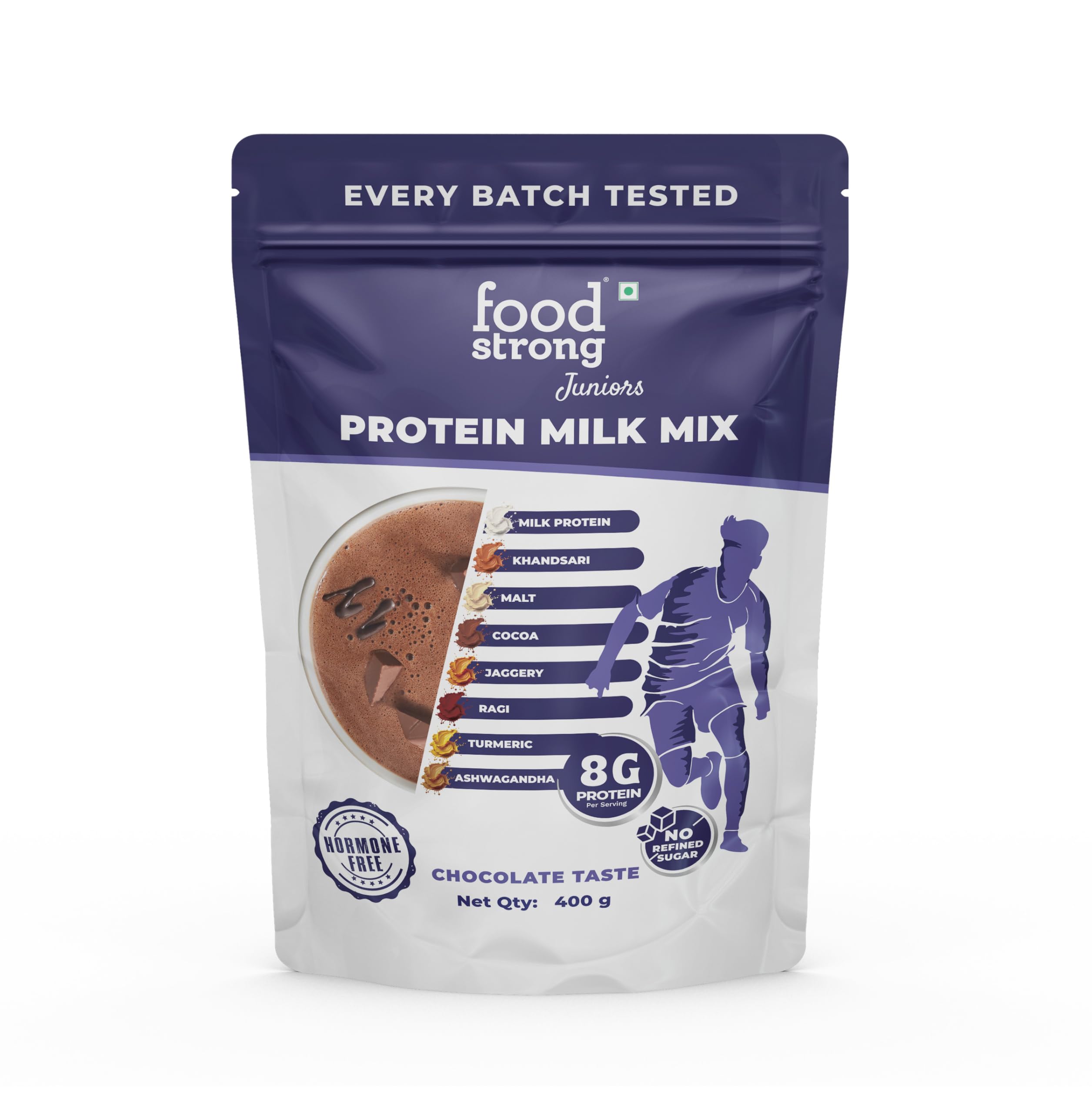Foodstrong Juniors Protein Milk Mix for Young Athletes | 8g Protein per Serving | Chocolate Flavour | Natural Ingredients | Hormone-Free, No Refined Sugar | 400g