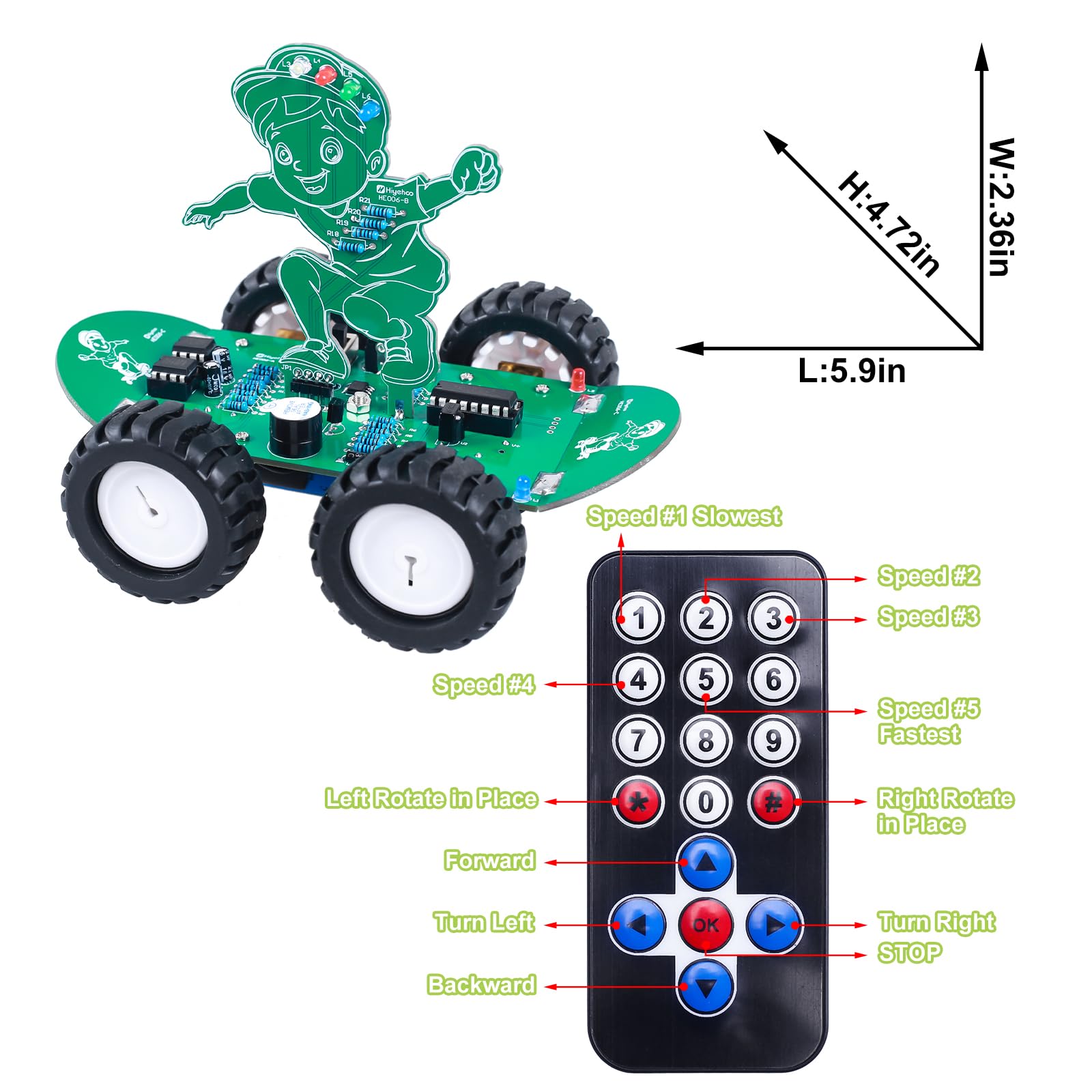 MiOYOOW DIY 360deg Rotating RC Car Kit, 5 Speed Rechargeable Remote Control Soldering Practice Kit, STEM Electronic Learning Projects Outdoor Skateboard Smart Car Toy for 15+ Years Old Presents - Image 9