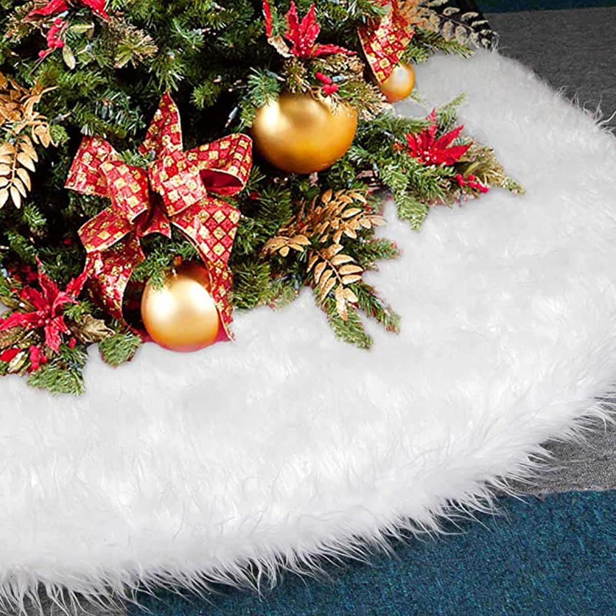 Jupe De Sapin En Fausse Fourrure Blanche – 122 Cm – Tapis Base Arbre De Noël – Décoration Hiver