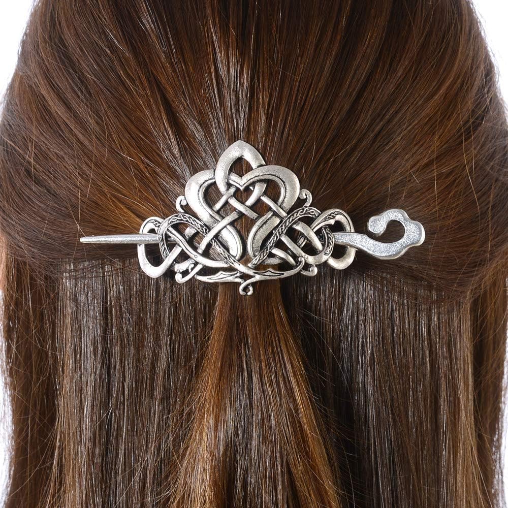 Viking Celtic Hair Clips Hairpins- Viking Hair Accessories Celtic Knot Hair Pins Antique Silver Hair Sticks Irish Hair Decor Accessories for Long Hair Jewelry Braids Hair Slide Clip With Stick