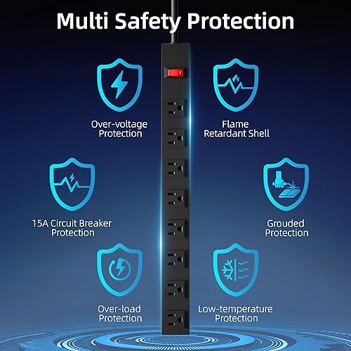 Miniatura 3 de Regleta de alimentación de metal resistente de 8 salidas con cable de alimentación de 14 AWG de 12 pies, enchufes espaciados amplios, regleta larga