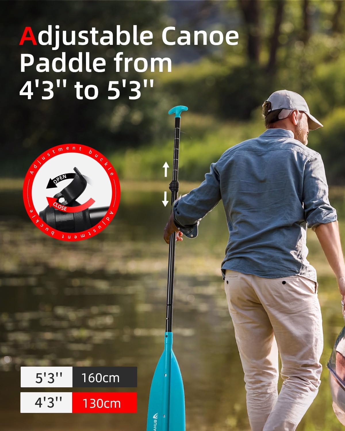 Abahub Adjustable Canoe Paddle Aluminum Shaft, 4'3''-5'3''/130cm-160cm, Floatable Oar for Canoeing Boating Kayaking