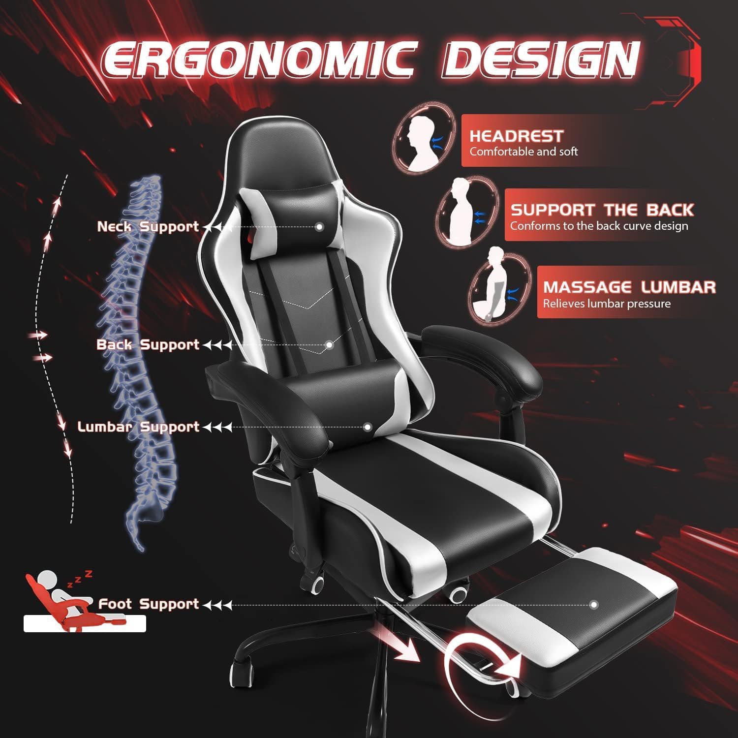 Shahoo Gaming Chair with Footrest and Massage Lumbar Support, Ergonomic Computer Chairs 360°Swivel and Height Adjustable Seat with Headrest for Office or Bedroom, Study Room, White
