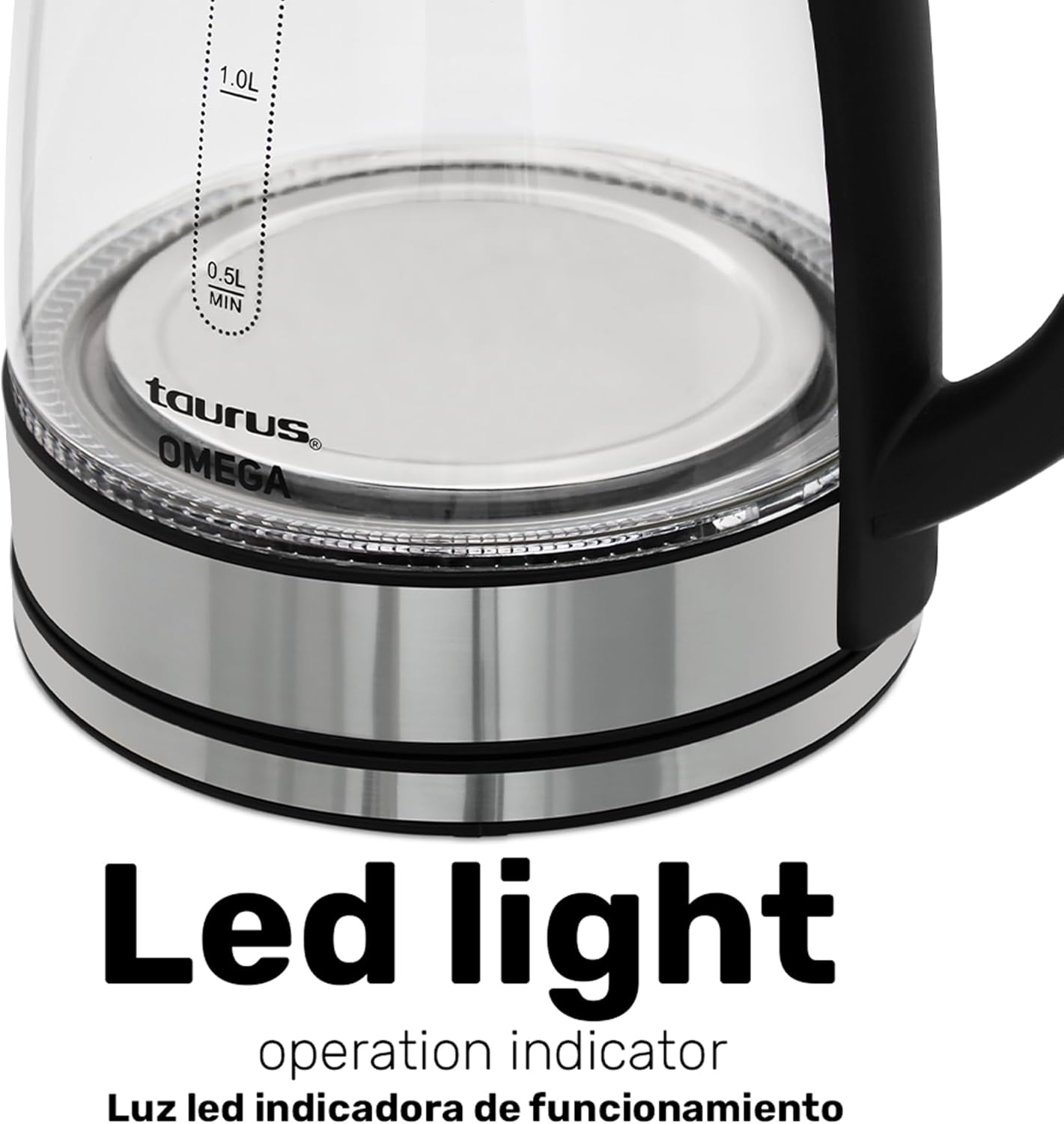 Close-up of the LED light operation indicator on the Taurus OMEGA Electric Kettle.
