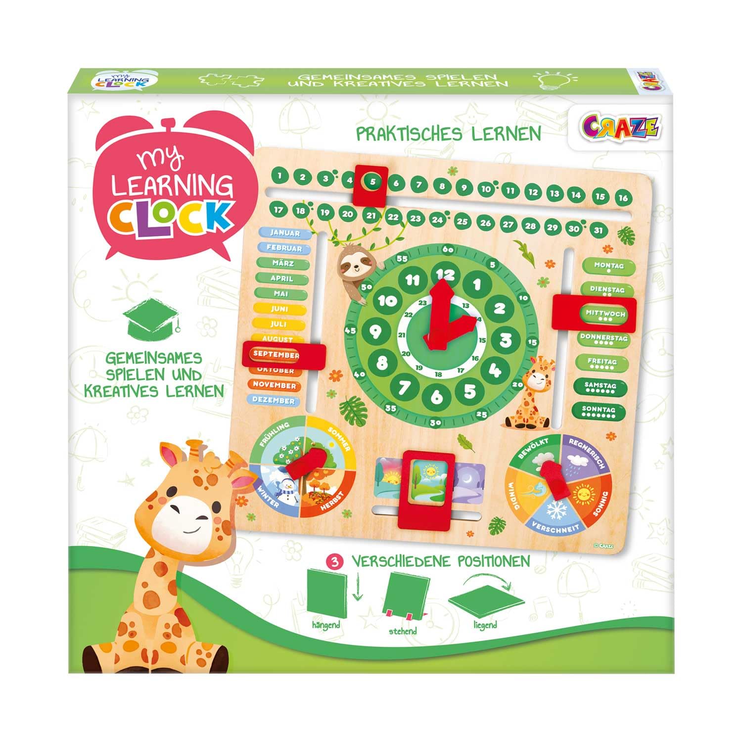 Craze My Learning Clock Animals - Orologio educativo per Bambini in Legno, Calendario per l'apprendimento dei Bambini, da Parete, Colore: Verde