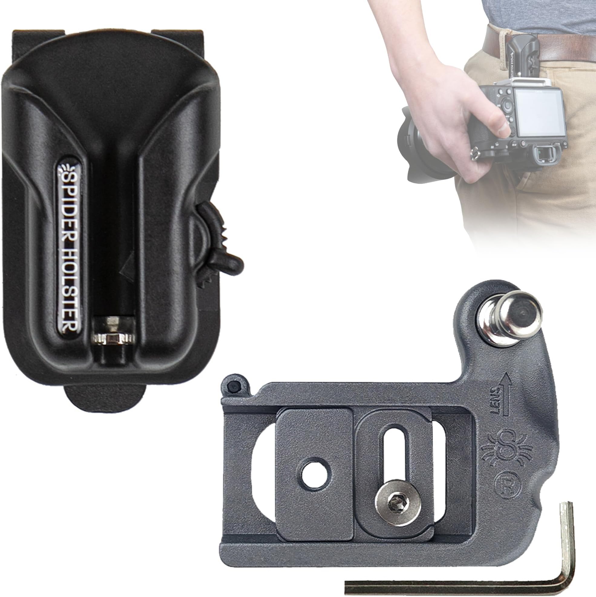 Spider Holster – Clip-on Camera Holster with Quick-Draw and Secure Self-Lock Options Includes Camera Plate with Durable Stainless Steel Pin – Compatible with Any Belt
