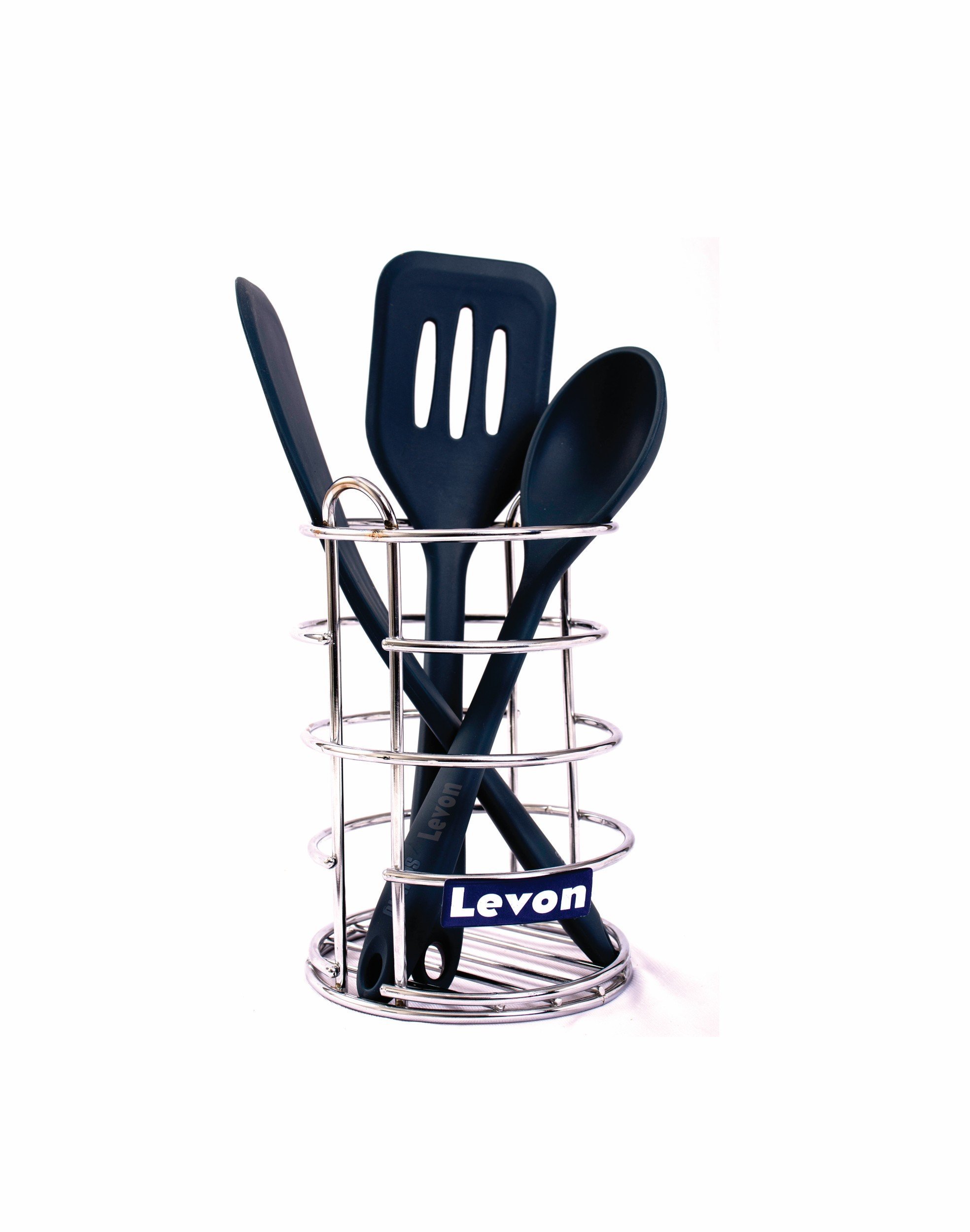 Levon Stainless Steel Round Utensil Stand | Organiser for Spoon, Knife, Fork & Laddle - Size (120 X 120 X 190 mm)
