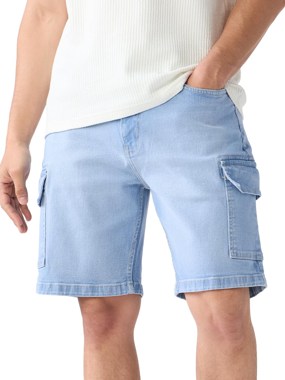the souled store Denim Shorts: Aero Blue Men and Boys Buttoned Knee Length Cotton Blend Regular Fit Denim Shorts-picture-30