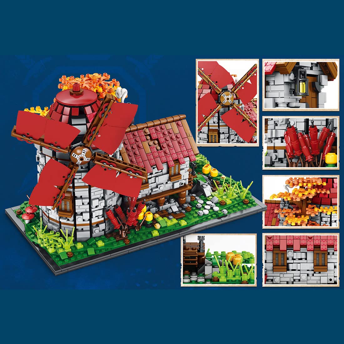 Windmühlen Klemmbausteine Set, Modular Mittelalterliche Landschaften Niederländische Windmühle MOC Architektur Bausteine, Geschenke Erwachsene und Jugendliche (2296 Teile)