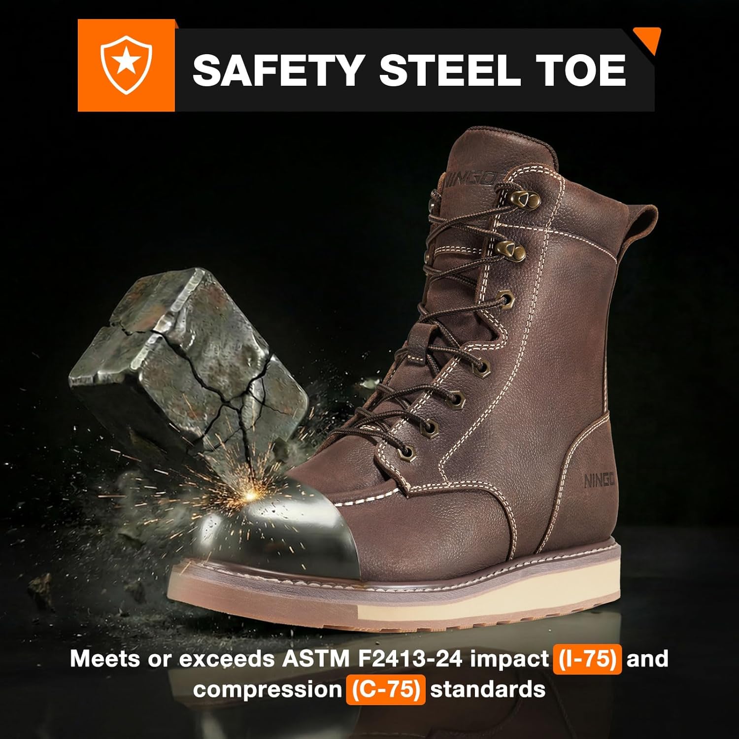 NINGO Steel Toe Work Boots for Men, 8 Inches Waterproof Moc Toe Construction Boots, Goodyear Welt Non Slip Wedge Outsole, Full-Grain Leather EH Rated Mens Safety Work Shoes, for Industrial, Welding