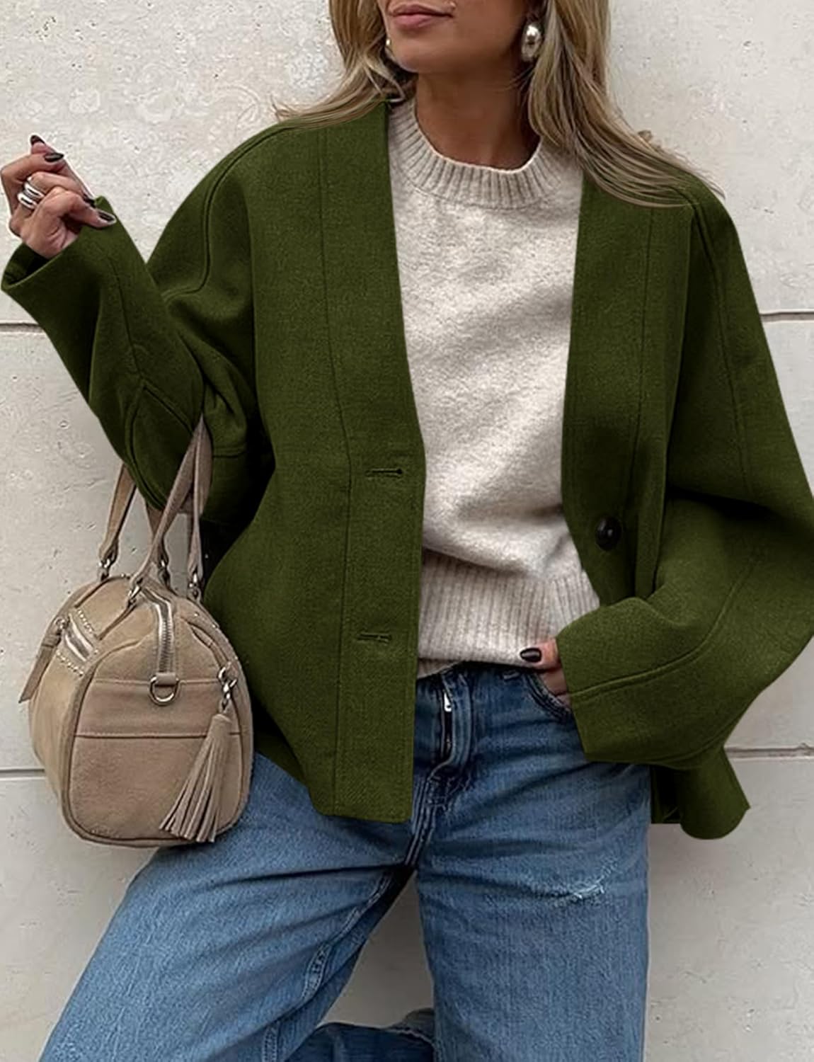 Yousify Womens Cropped Wool Blend Pea Coat Casual V Neck Button Down Short Jackets Fall Shackts with Pockets - Image 5