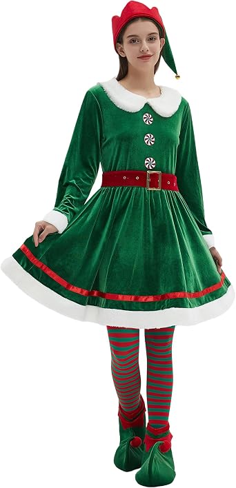 Elf Costume for Women Adult Christmas Costumes Deluxe Velvet Santa Helper 5PCS Set Cosplay Party Plus Size Outfit
