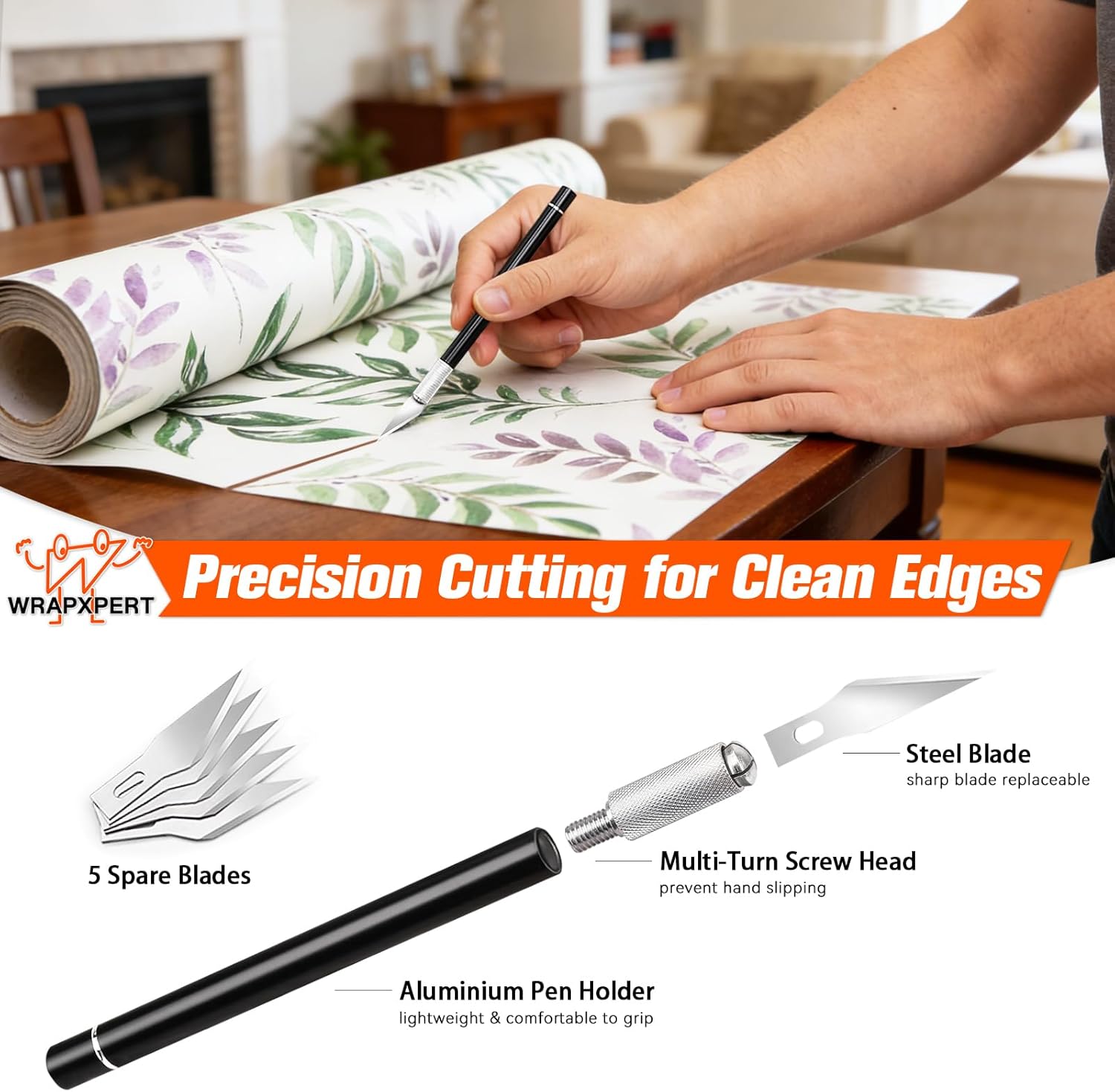 WRAPXPERT Wallpaper Tools Wallpaper Smoothing Tool Kit with Felt Squeegee,Seam Roller,Razor Scraper,Wrapping Paper Cutter for Peel and Stick Contact Paper,Vinyl Backsplash Tile,Bathroom,Window Film