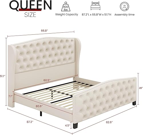 Miniatura 2 de Marco de cama tapizado tamaño Queen en terciopelo color beige con cabecera y pie de cama acolchados con botones profundos y soporte de listones de