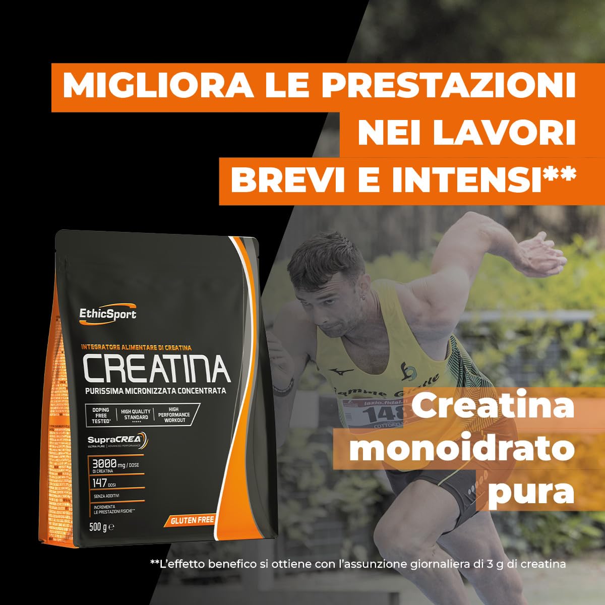 EthicSport CREATINA – Creatina monoidrato pura in polvere con SupraCREA™ – Incrementa le prestazioni fisiche in attività brevi e intense – elevata purezza, senza additivi – vegan, gluten free – 500 g