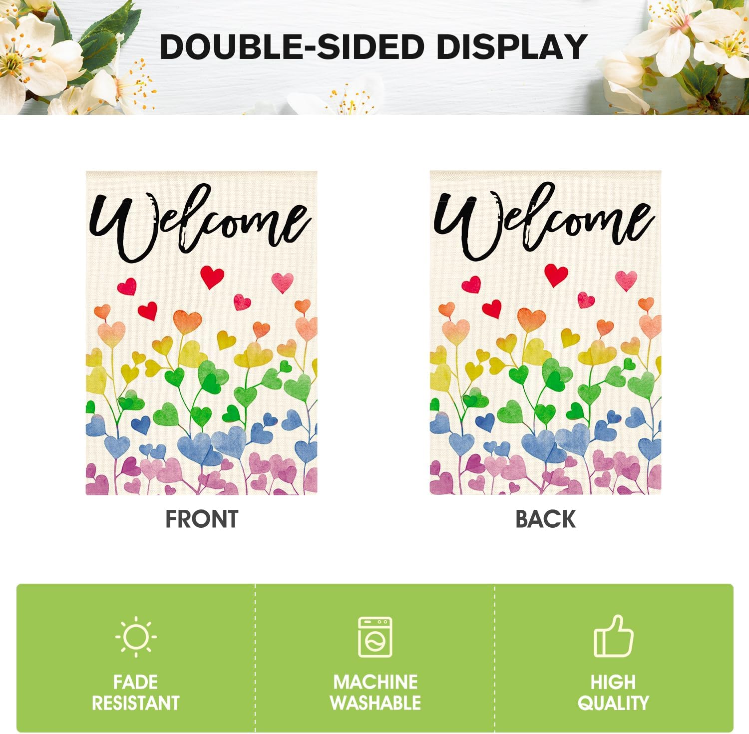 AVOIN colorlife Love Hearts Rainbow Pride House Flag 28x40 Inch Double Sided, LGBTQ+ Community Progress Equality Welcome Yard Outdoor Flag (Pack of 2)