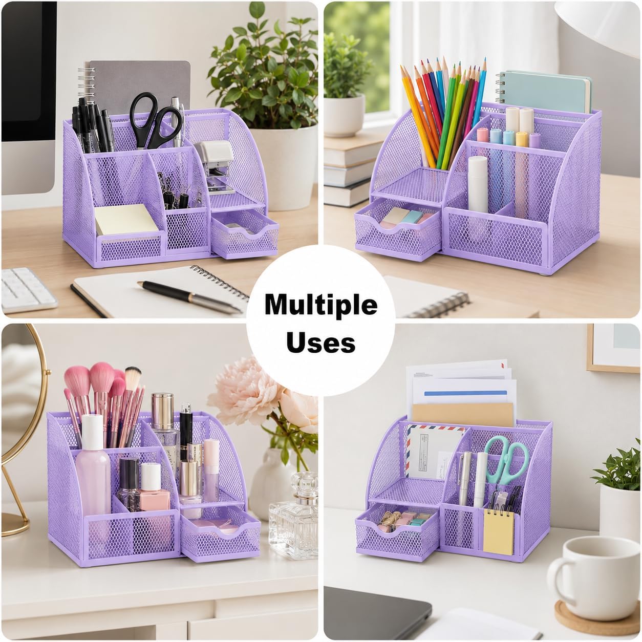 Exerz Metal Mesh Desk Organizer 7 Compartments with Drawer Light Purple image 4
