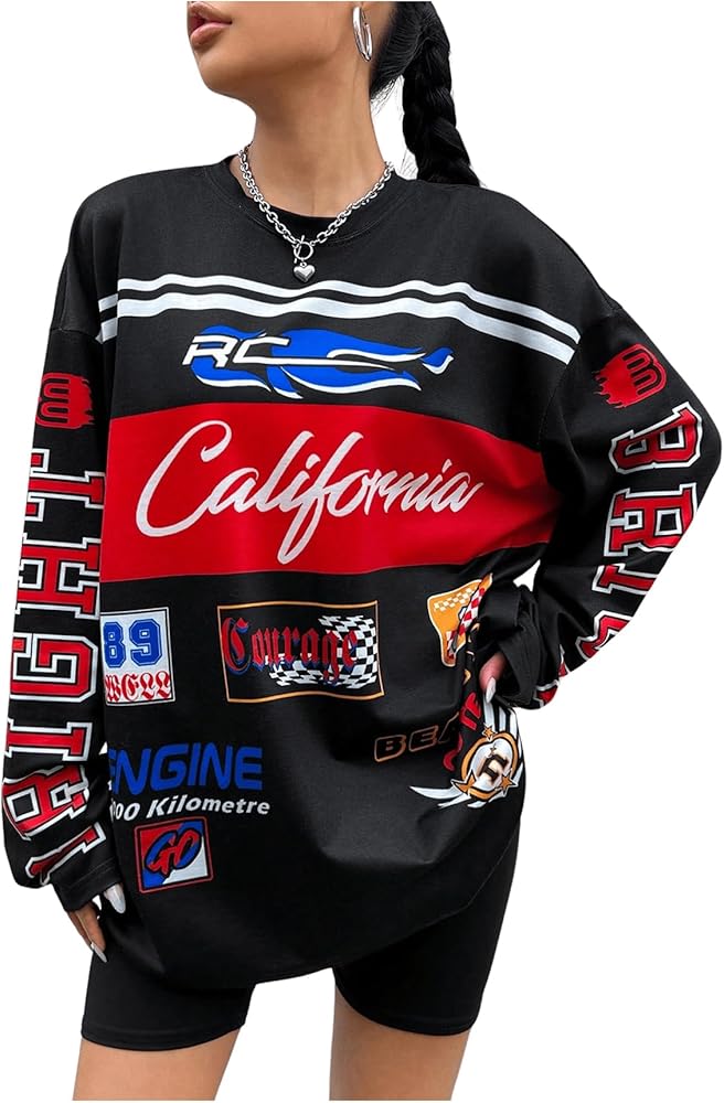 WDIRARA Women's Graphic Long Sleeve Jersey T Shirts Oversized Y2k
