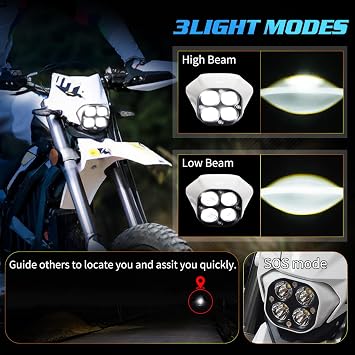 Upgraded Headlight for Sur Ron Ultra Bee, Plug N Play LED Headlight Front Lamp Light With Mounting Bracket, Square Four Bulbs Headlamp & Assemblies for Sur ron, 3 Modes