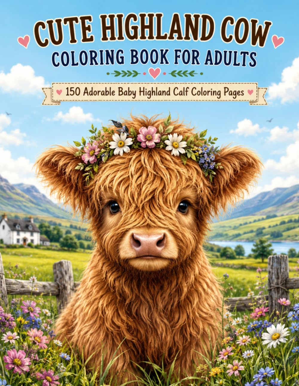 Cute Highland Cow Coloring Book for Adults: 150 Adorable Baby Highland Calf Coloring Pages Featuring Cute Cows, Flowers, Countryside Scenes, Farm Animals, and Relaxing Nature Designs