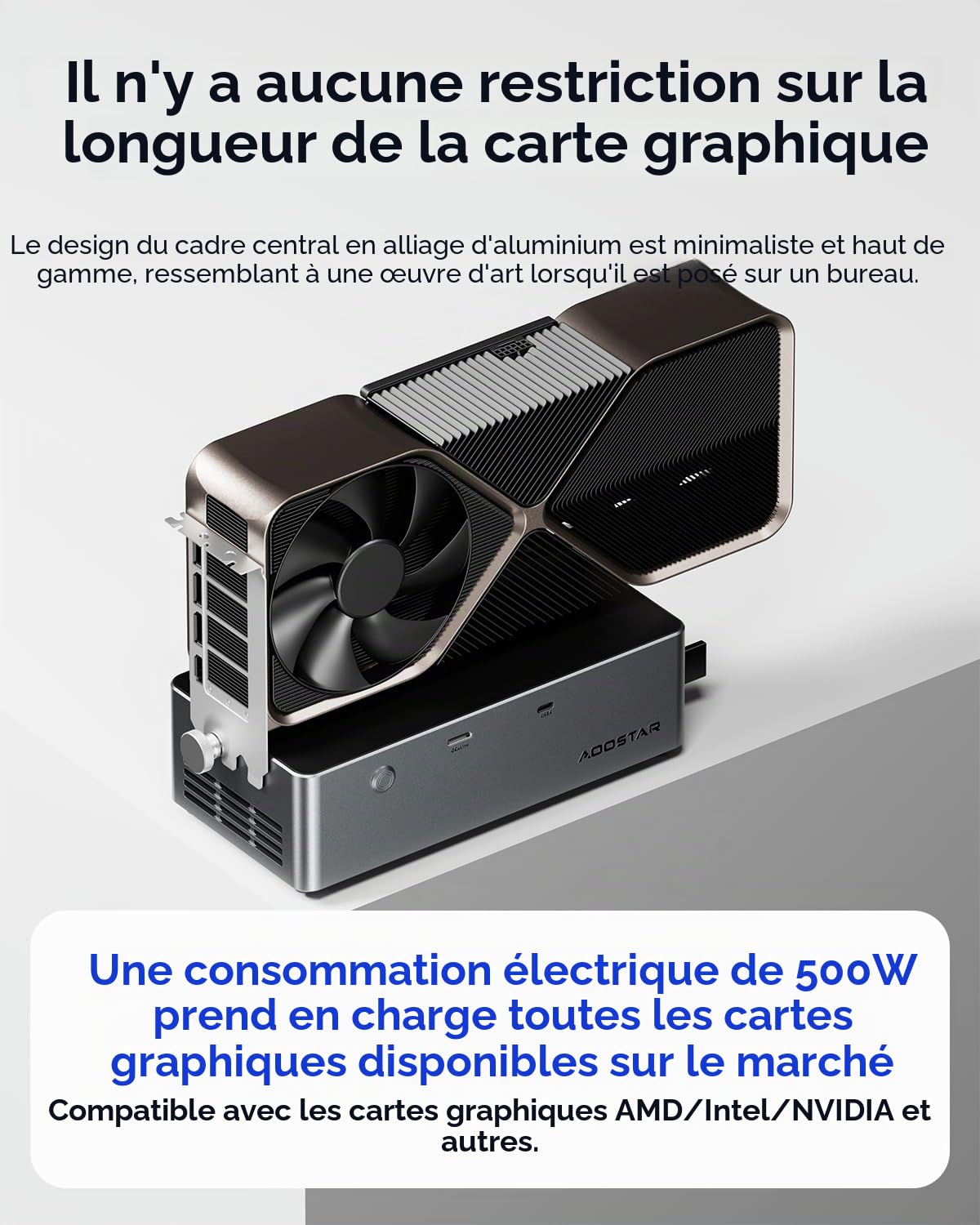 AOOSTAR AG02 eGPU Station d'accueil avec connecteur Oculink, Dock carte graphique externe GPU, prise en charge USB4.0 alimentation arrière 100W, bloc d'alimentation 800W intégré, pour GPU jusqu'à 500W