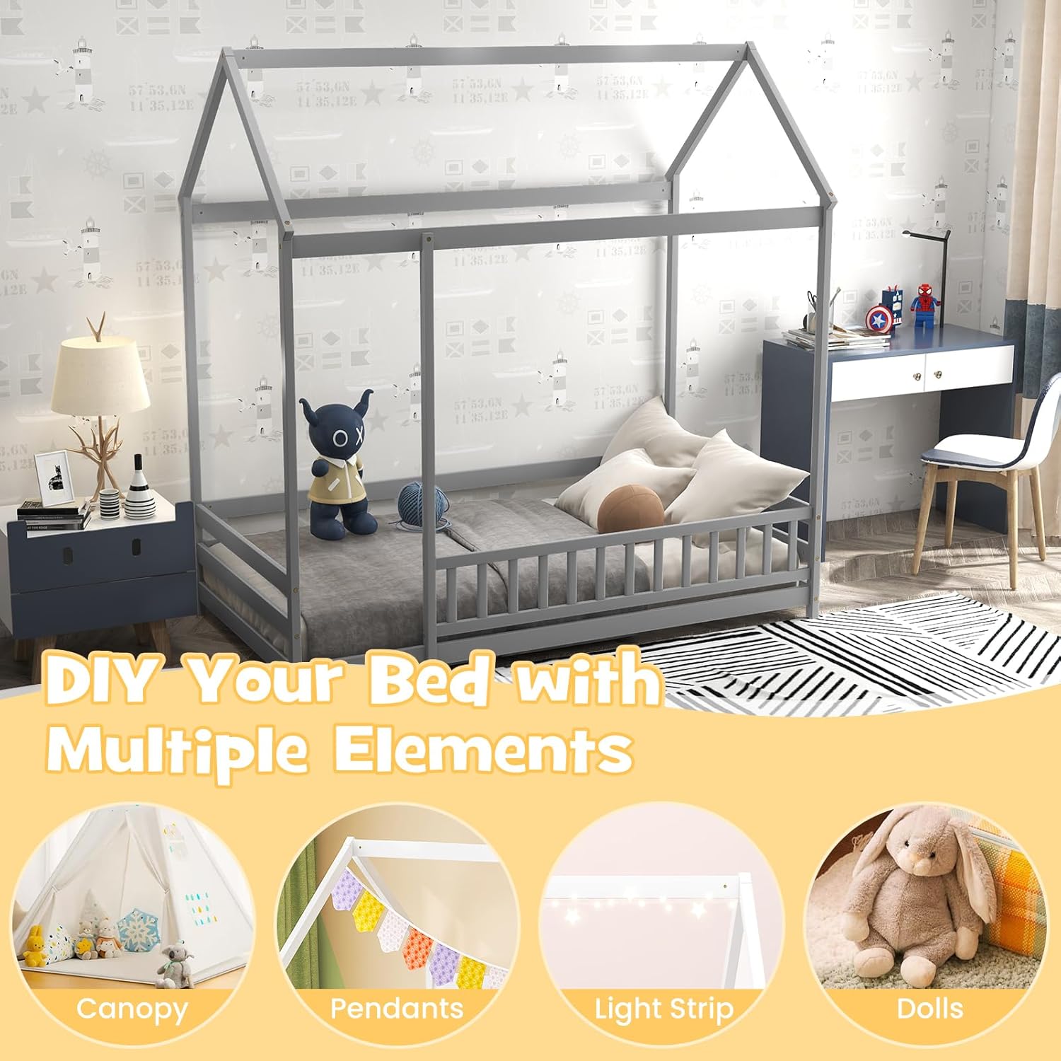 GORELAX Twin House Bed, Montessori Floor Bed, Floor Kid House Bed with Fence, No Box Spring Needed, Wood Twin Size Platform Bed Frame for Boys, Girls (Grey)