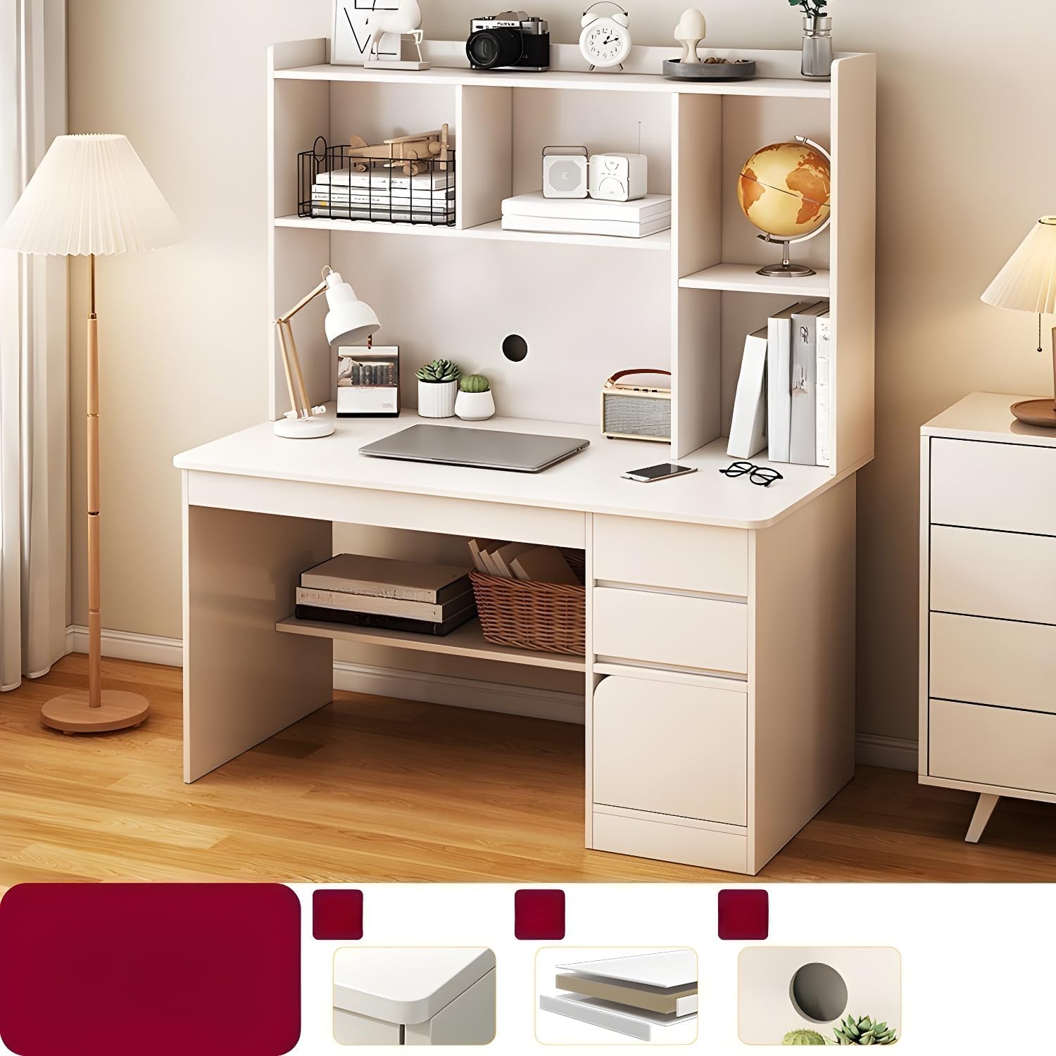 LITFAD Contemporary Rectangular Credenza Desk Home Storage Table Wood Computer Desk with Storage Drawers and Shelves - White 39" L x 18" W x 52" H Without Chairs