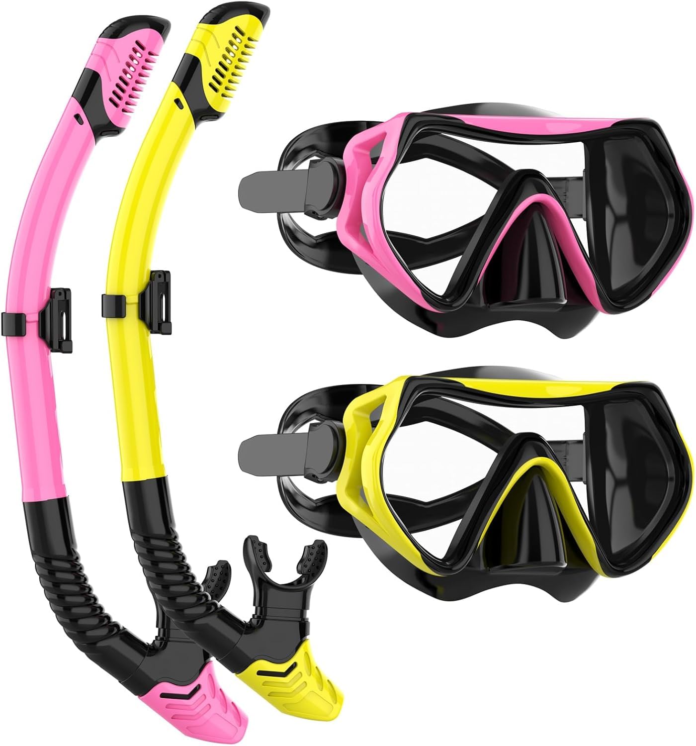 JRing Dry Snorkel Set Panoramic Wide View & Anti-Fog Snorkelling Gear Professional Top Snorkel Package for Adults (Yellow+Pink) โ image 1