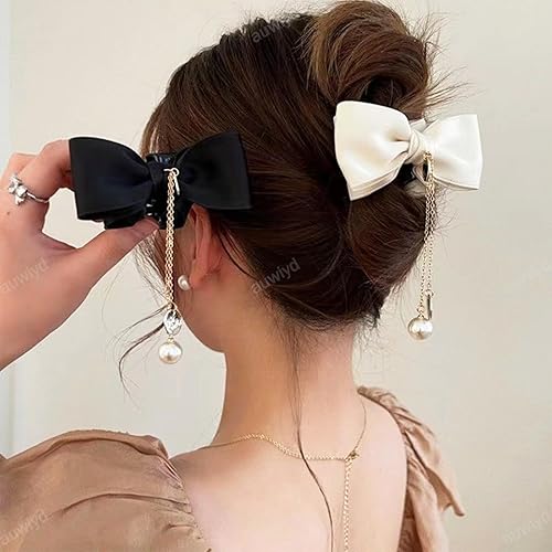 Miniatura 5 de auwiyd 3 pinzas para el pelo con lazo, borla de perla, horquilla para mujeres y niñas, estilo francés, color sólido, accesorios para el cabello,