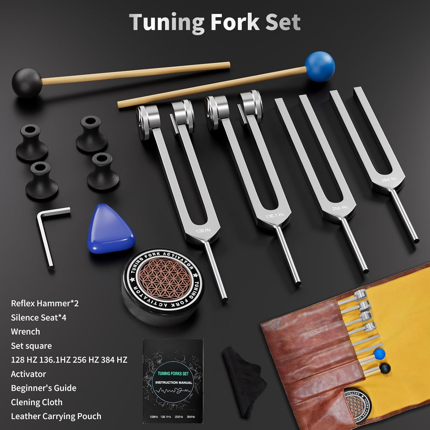 Tuning Forks for Healing Set - 128Hz, 136.1Hz, 256Hz, 384Hz, Weighted & Unweighted, Tuning Fork with Hockey Puck Activator & feet, Sound Therapy Chakra Balance for Yoga & Meditation in Leather Pouch